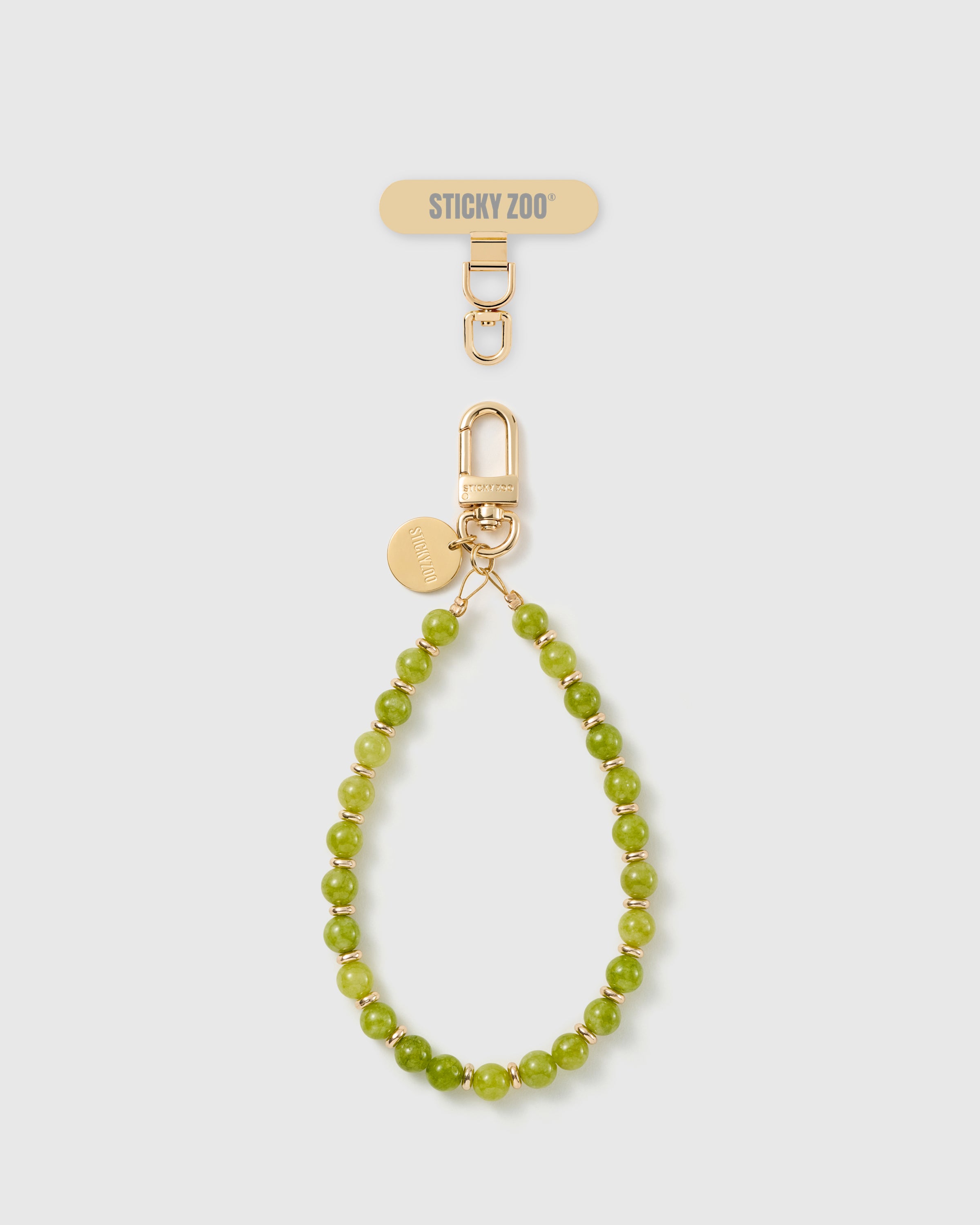 STICKYZOO handmade phone strap in olive-green real stone beads with a waxy polish, shown full with the Phone Strap Card tab