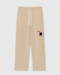 STICKYZOO DACHSHUND APPLE SWEATPANTS featuring one hand-stitched plush dachshund appliqué, designed in Amsterdam