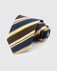 NAVY REGIMENT STRIPE TIE — Hand-embroidered multicolor stripe detail on 100% mulberry silk in navy, showing embroidery texture and silk sheen