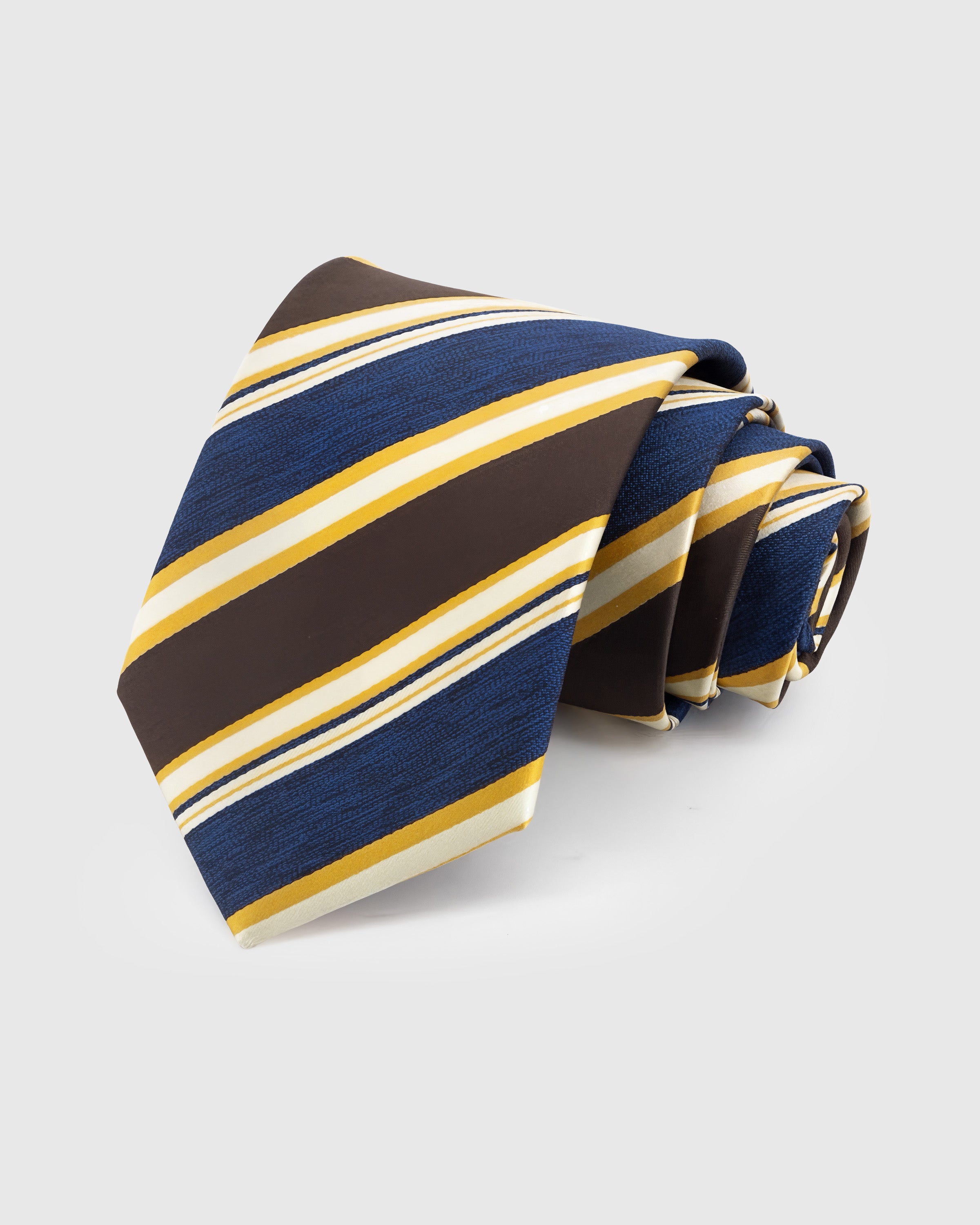 NAVY REGIMENT STRIPE TIE — Hand-embroidered multicolor stripe detail on 100% mulberry silk in navy, showing embroidery texture and silk sheen