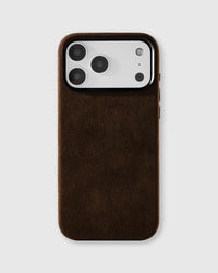 STICKYZOO Alcantara phone case in rich espresso brown with genuine Italian microfiber suede texture and raised camera bezel
