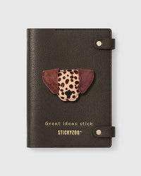 STICKYZOO Dalmatian Notebook with hand-cut French Alran leather charm on dark brown genuine goatskin cover, gold snap closure
