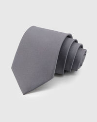 STICKYZOO Pewter Silk Tie — hand-embroidered pewter grey mulberry silk with solid textured pattern
