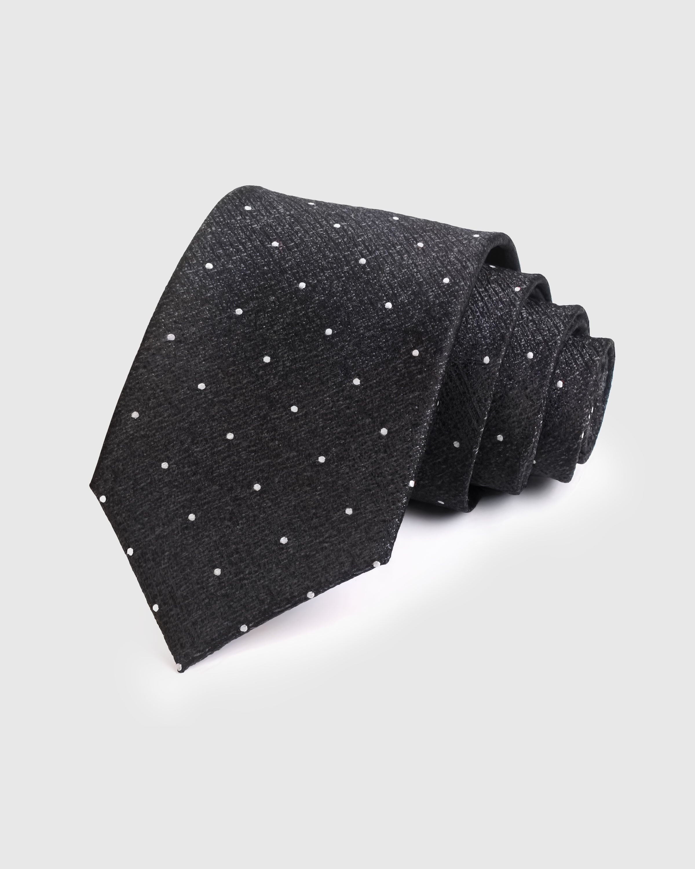 {100% mulberry silk textured weave} STICKYZOO CHARCOAL PIN DOT TIE in hand-embroidered mulberry silk with pin dot motif, 45° bias-cut Italian method