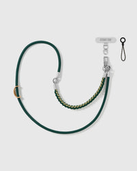 pine braided phone strap by STICKYZOO, worn as a wrist strap or cross-body, with silver-tone swivel hooks, a phone-tab connector and safety tether
