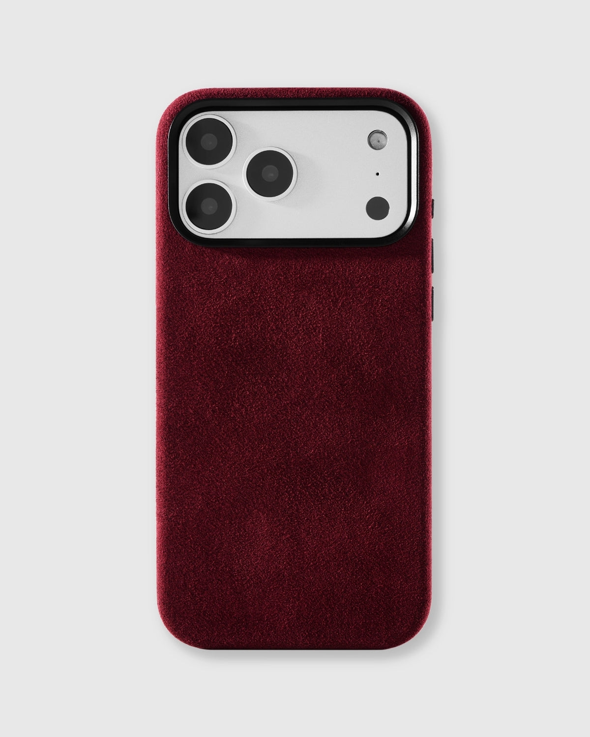 {{Real Alcantara}} Hand-wrapped deep wine red Alcantara phone case with soft suede finish by STICKYZOO