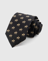 ONYX EQUESTRIAN TIE — Hand-embroidered equestrian detail on 100% mulberry silk in onyx, showing embroidery texture and silk sheen