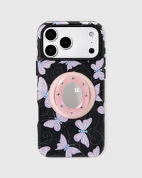 Black phone case with hand-illustrated lavender butterfly print and a built-in MagSafe grip by STICKYZOO