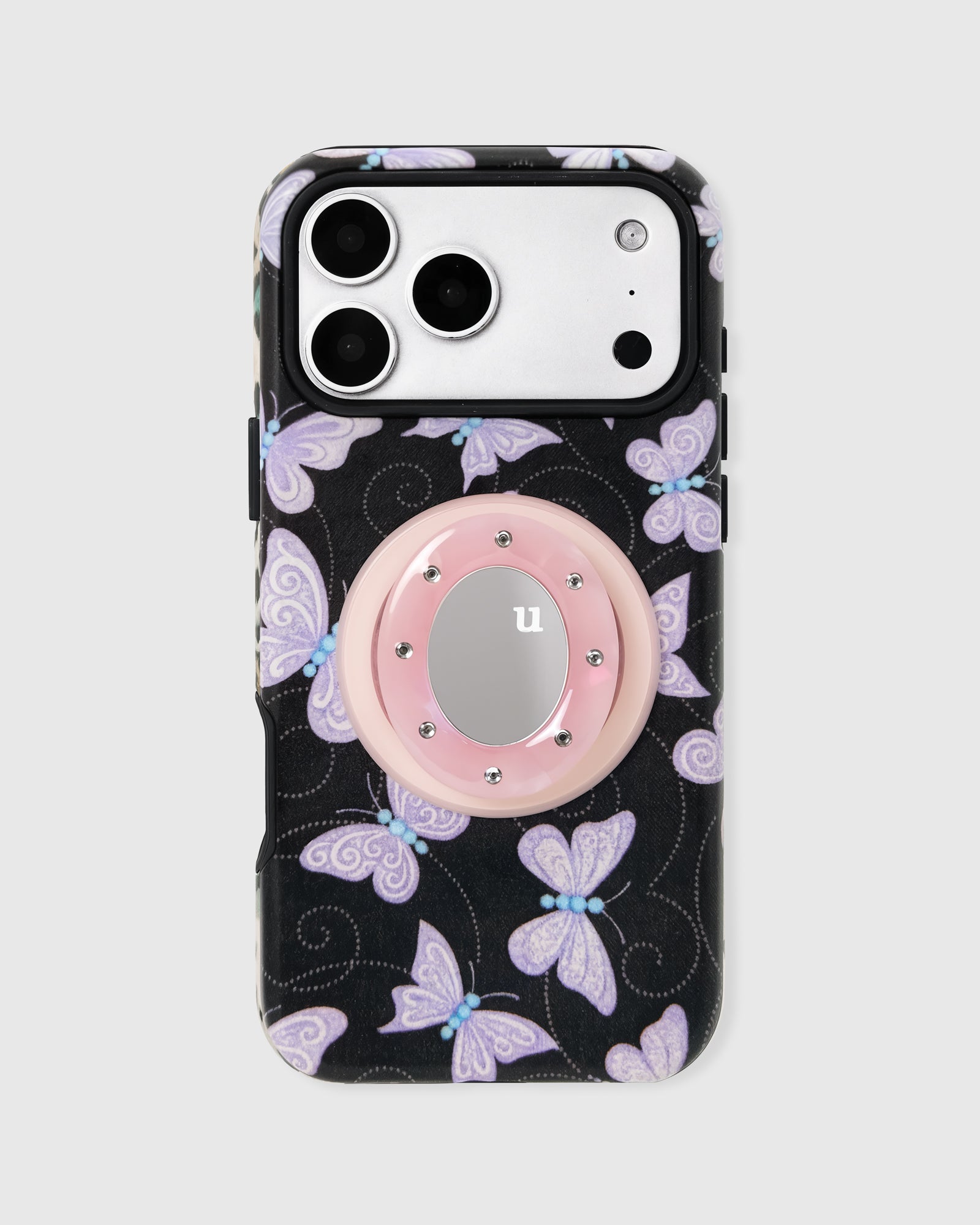 Black phone case with hand-illustrated lavender butterfly print and a built-in MagSafe grip by STICKYZOO