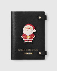 STICKYZOO Christmas Santa Notebook with hand-cut French Alran leather charm on black genuine goatskin cover, gold snap closure