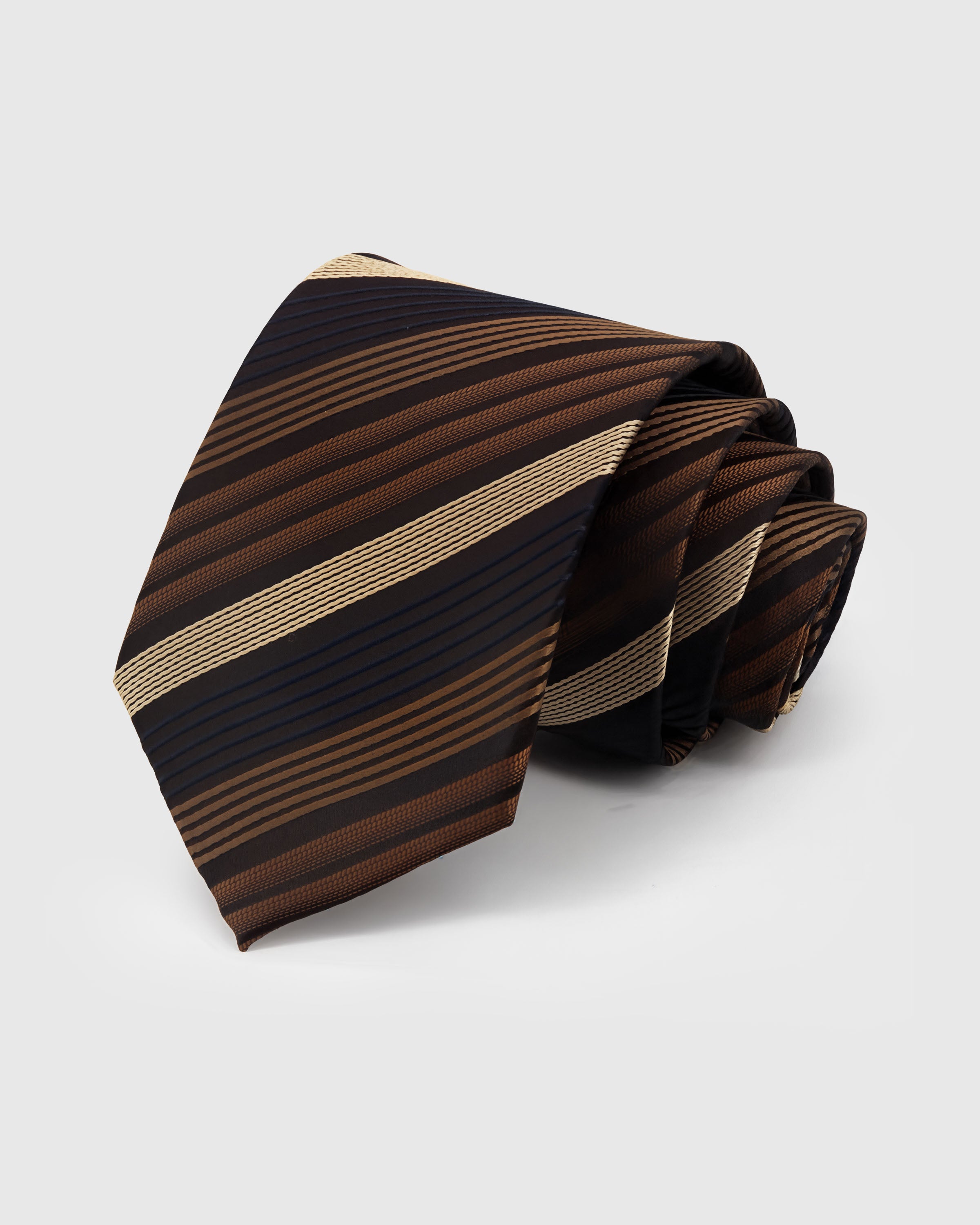 STICKYZOO Onyx Multi Tie in hand-embroidered mulberry silk with multi-tone onyx, bronze, and gold stripes, 45° bias-cut Italian method