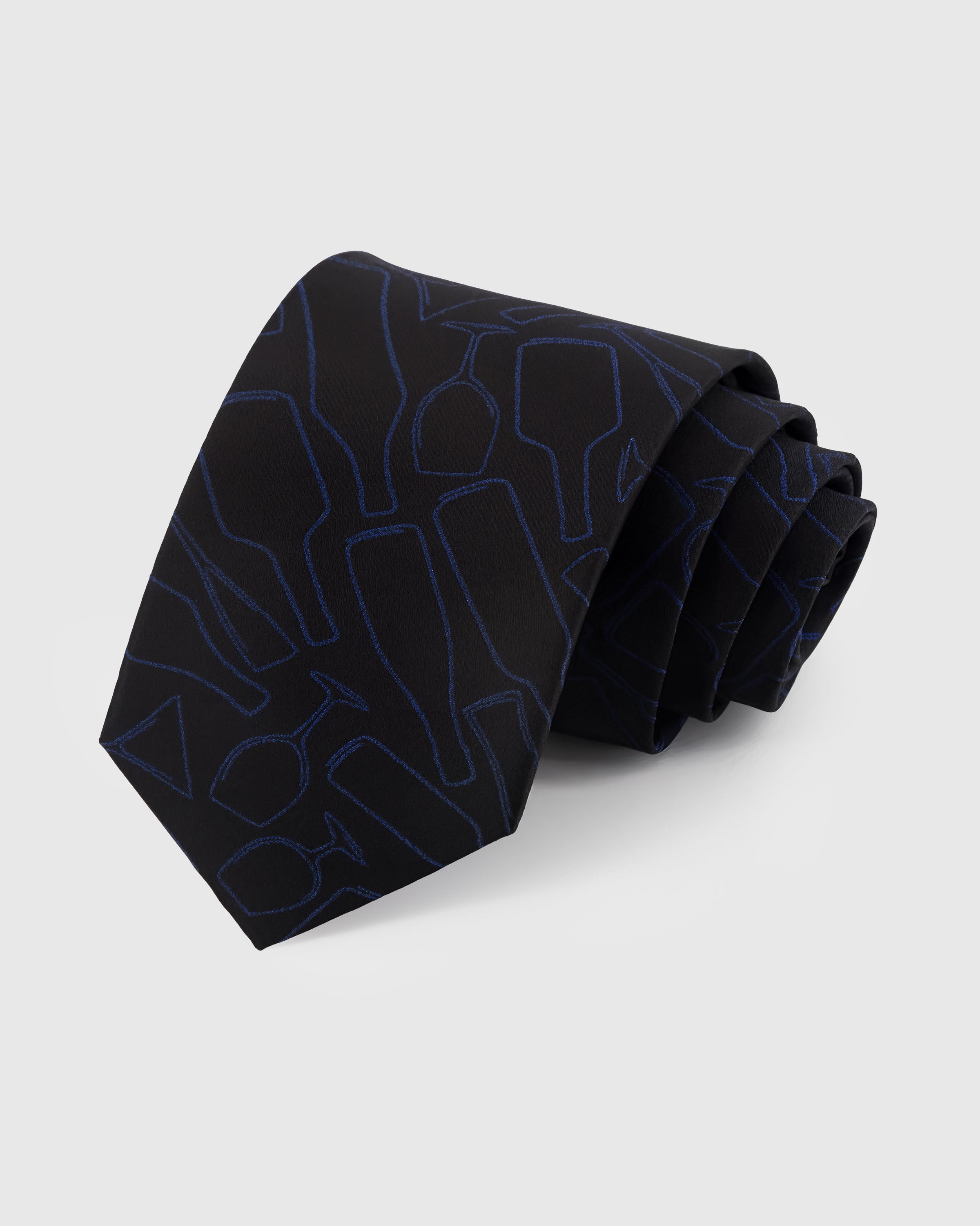 STICKYZOO MIDNIGHT BLUEPRINT TIE — 100% mulberry silk with hand-embroidered blue geometric line-art silhouettes on deep black ground