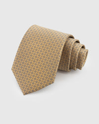 STICKYZOO Honeycomb Circlet Tie in hand-embroidered mulberry silk with navy ring motifs, 45° bias-cut Italian method