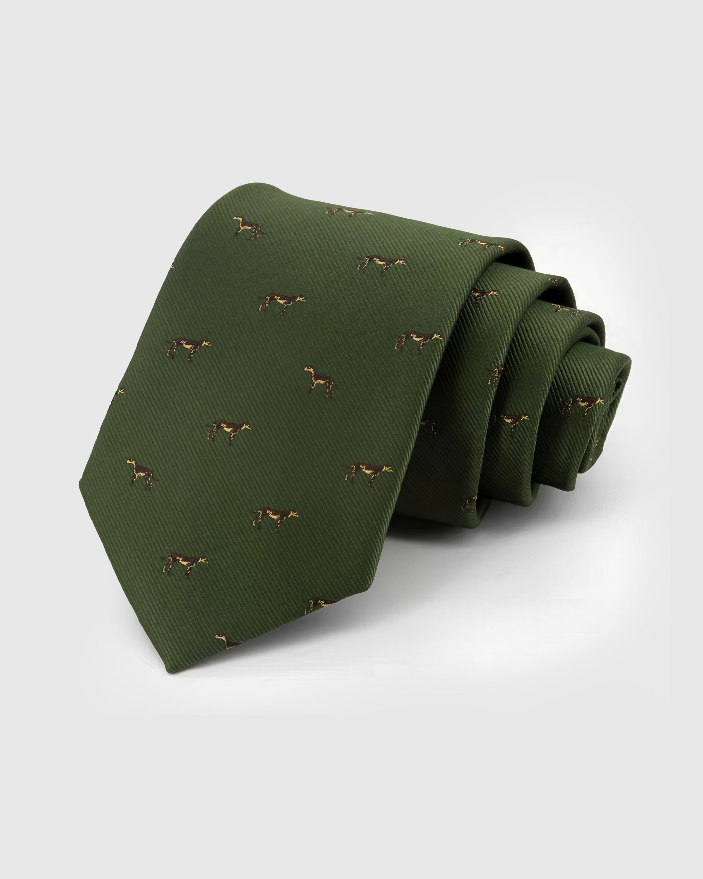 {{Mulberry silk twill ground}} STICKYZOO Moss Pointer Tie in hand-embroidered mulberry silk with gold pointer motifs on moss green twill ground, 45° bias-cut Italian method