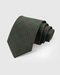 STICKYZOO Forest Foulard Tie in hand-embroidered mulberry silk with claret foulard dots on forest herringbone ground, 45° bias-cut Italian method