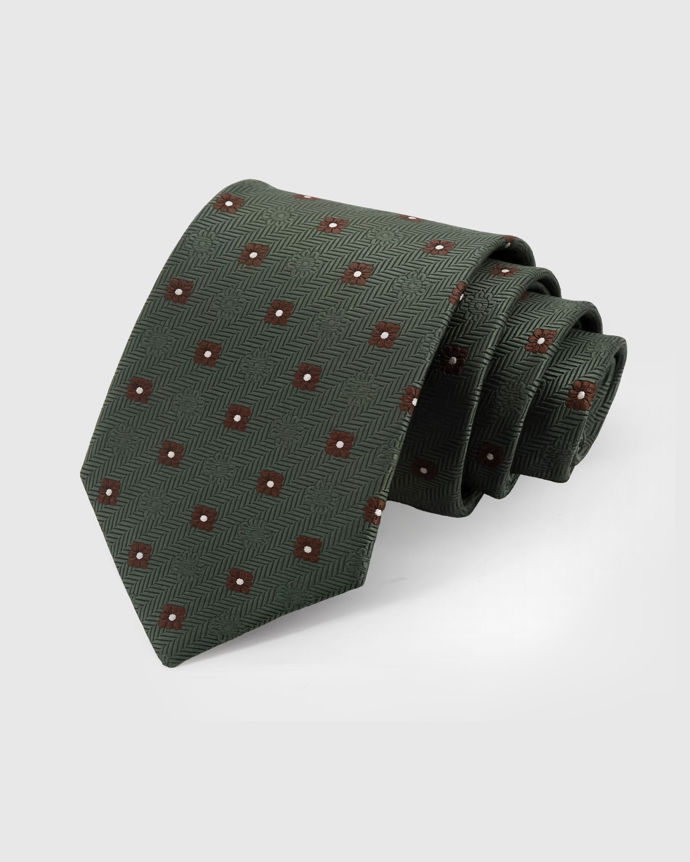 STICKYZOO Forest Foulard Tie in hand-embroidered mulberry silk with claret foulard dots on forest herringbone ground, 45° bias-cut Italian method