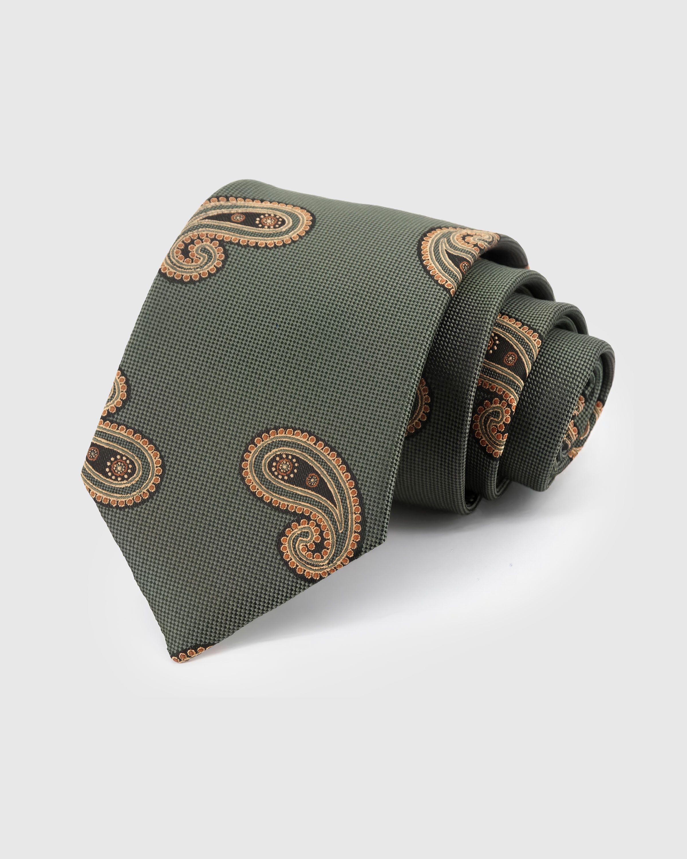 STICKYZOO Sage Paisley Tie — hand-embroidered sage green mulberry silk with large paisley pattern