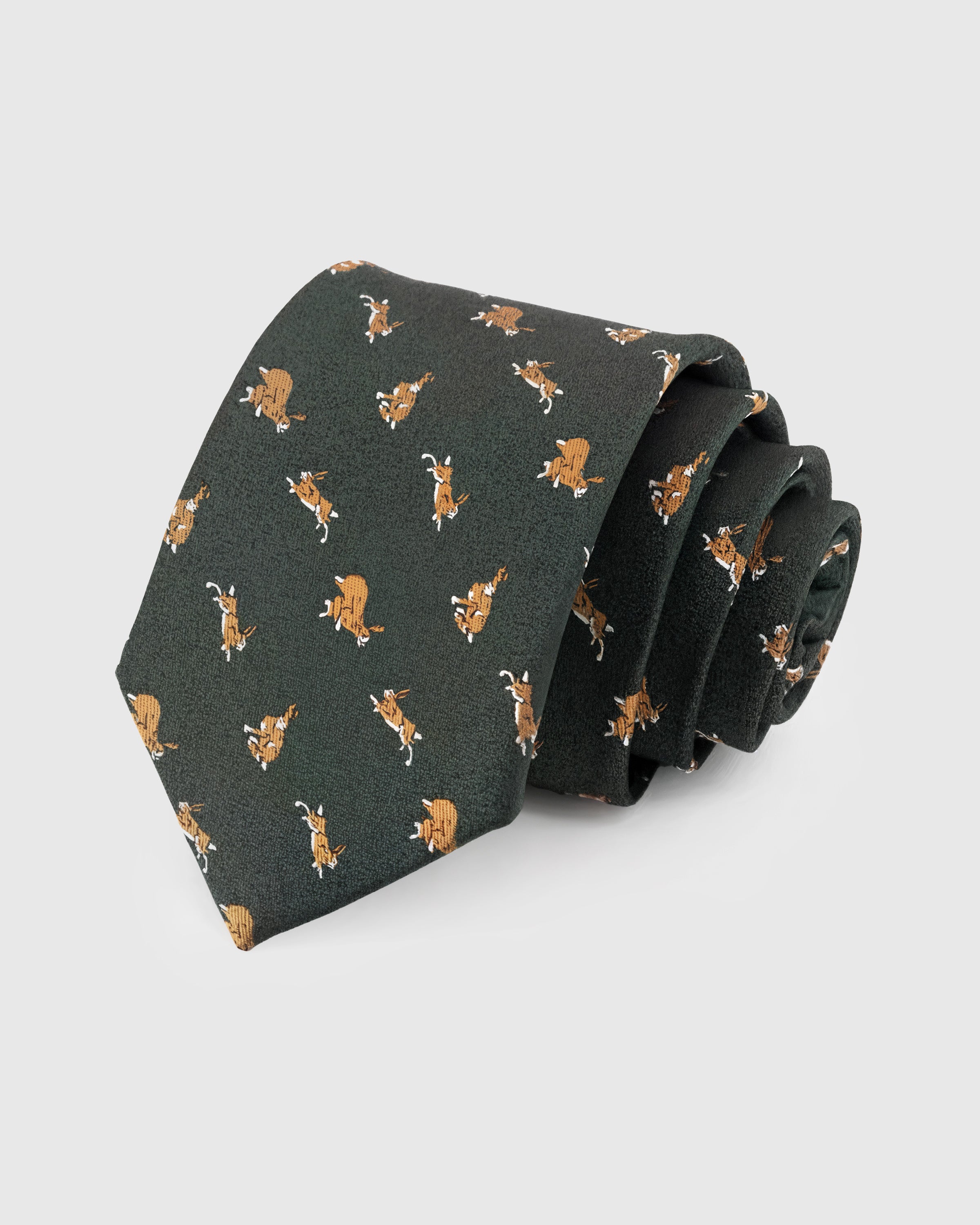 STICKYZOO Charcoal Dachshund Tie in hand-embroidered mulberry silk with camel dachshund motifs on dark olive-grey ground, 45° bias-cut