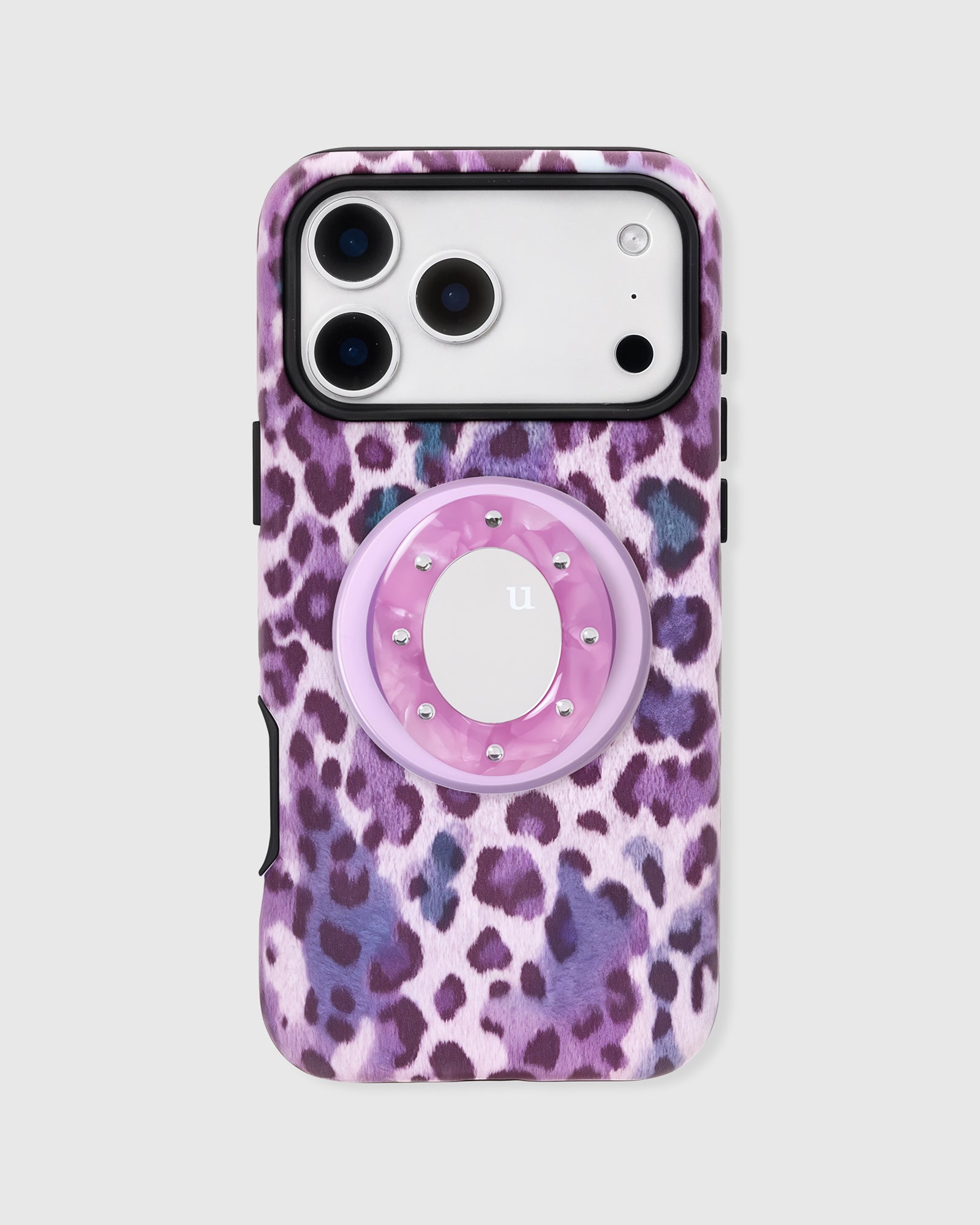 Violet leopard phone case with a built-in MagSafe mirror pop-grip by STICKYZOO
