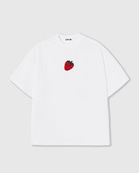STICKYZOO Strawberry T-Shirt in white, oversized boxy fit with the same hand-beaded glass strawberry on the left chest.