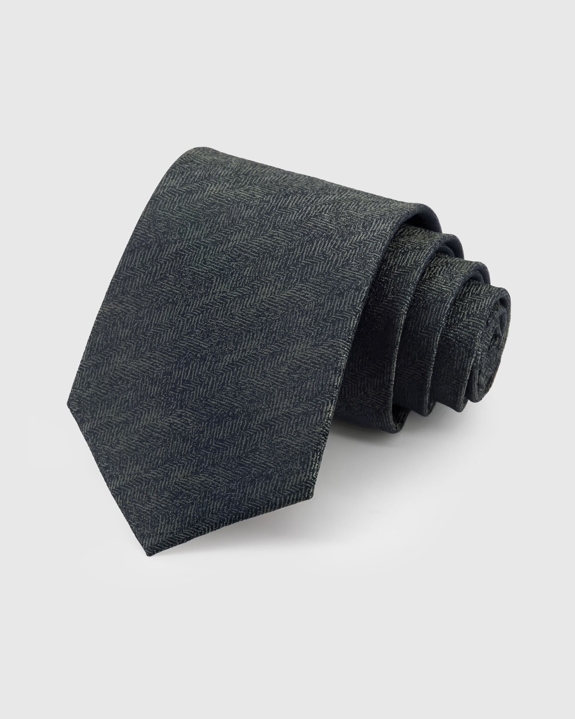 STICKYZOO Charcoal Herringbone Tie — hand-embroidered charcoal mulberry silk with herringbone weave pattern