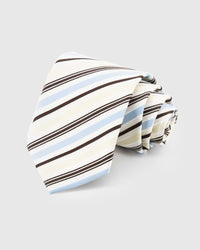 STICKYZOO Ivory Riviera Tie — hand-embroidered ivory / sky blue / brown mulberry silk with multi stripe pattern