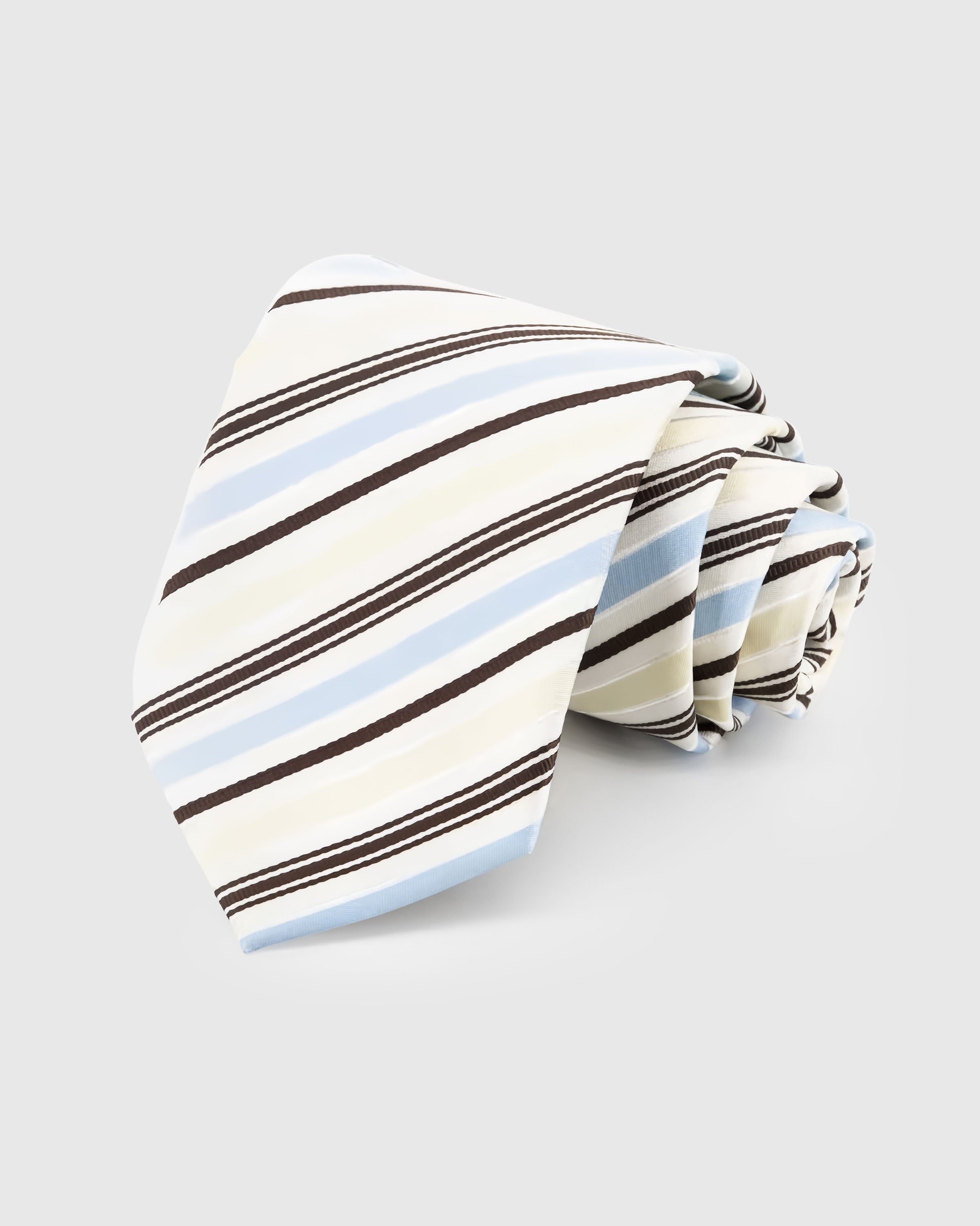 STICKYZOO Ivory Riviera Tie — hand-embroidered ivory / sky blue / brown mulberry silk with multi stripe pattern