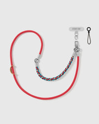 scarlet braided phone strap by STICKYZOO, worn as a wrist strap or cross-body, with silver-tone swivel hooks, a phone-tab connector and safety tether