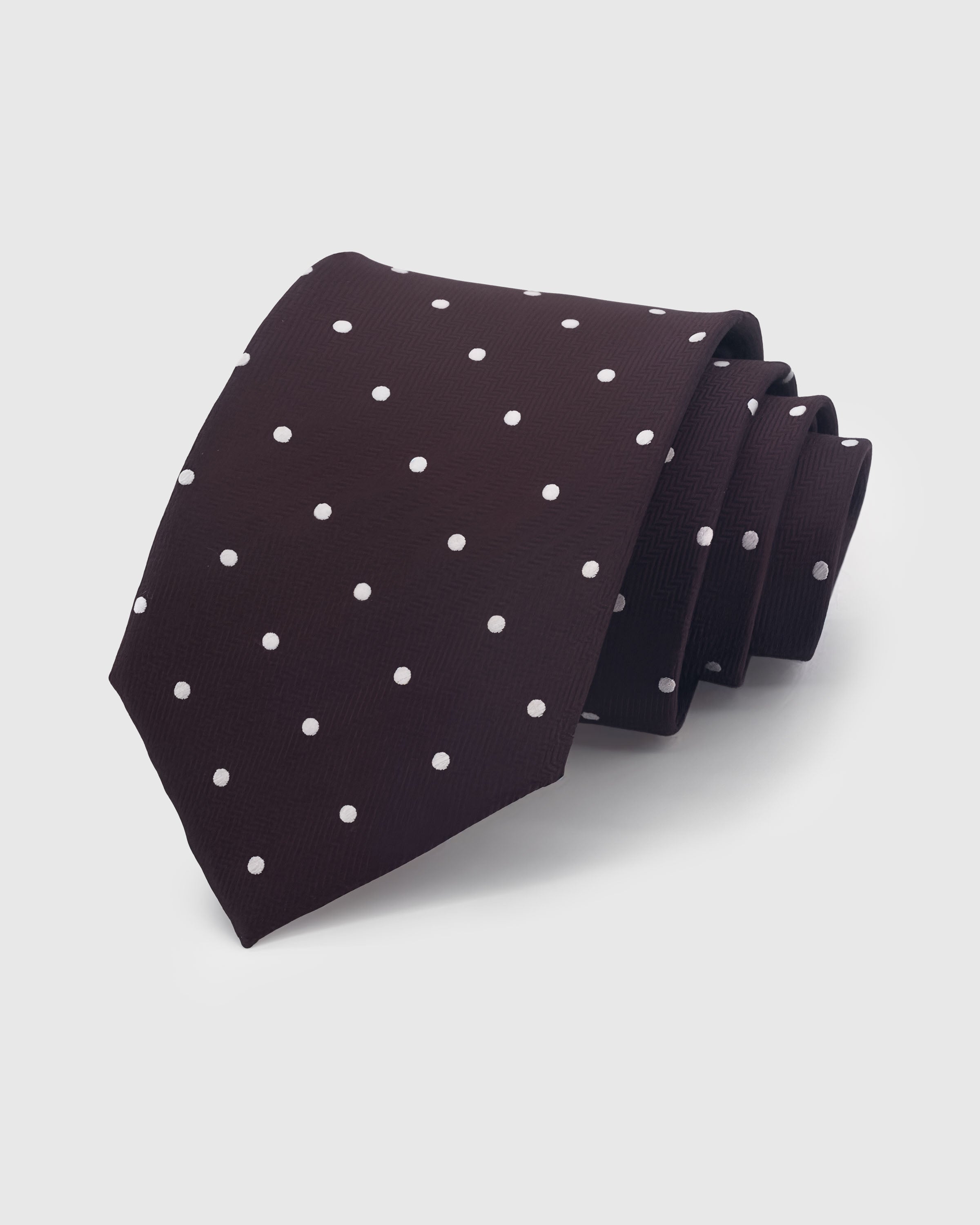 {100% mulberry silk herringbone weave} STICKYZOO ESPRESSO POLKA TIE in hand-embroidered mulberry silk with polka dot motif, 45° bias-cut Italian method