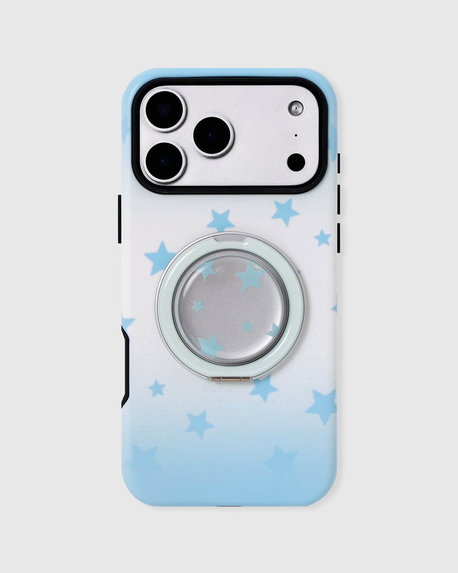 Sky Starfall phone case in skyblue with the MagSafe ring grip folded flat, also available in green by STICKYZOO