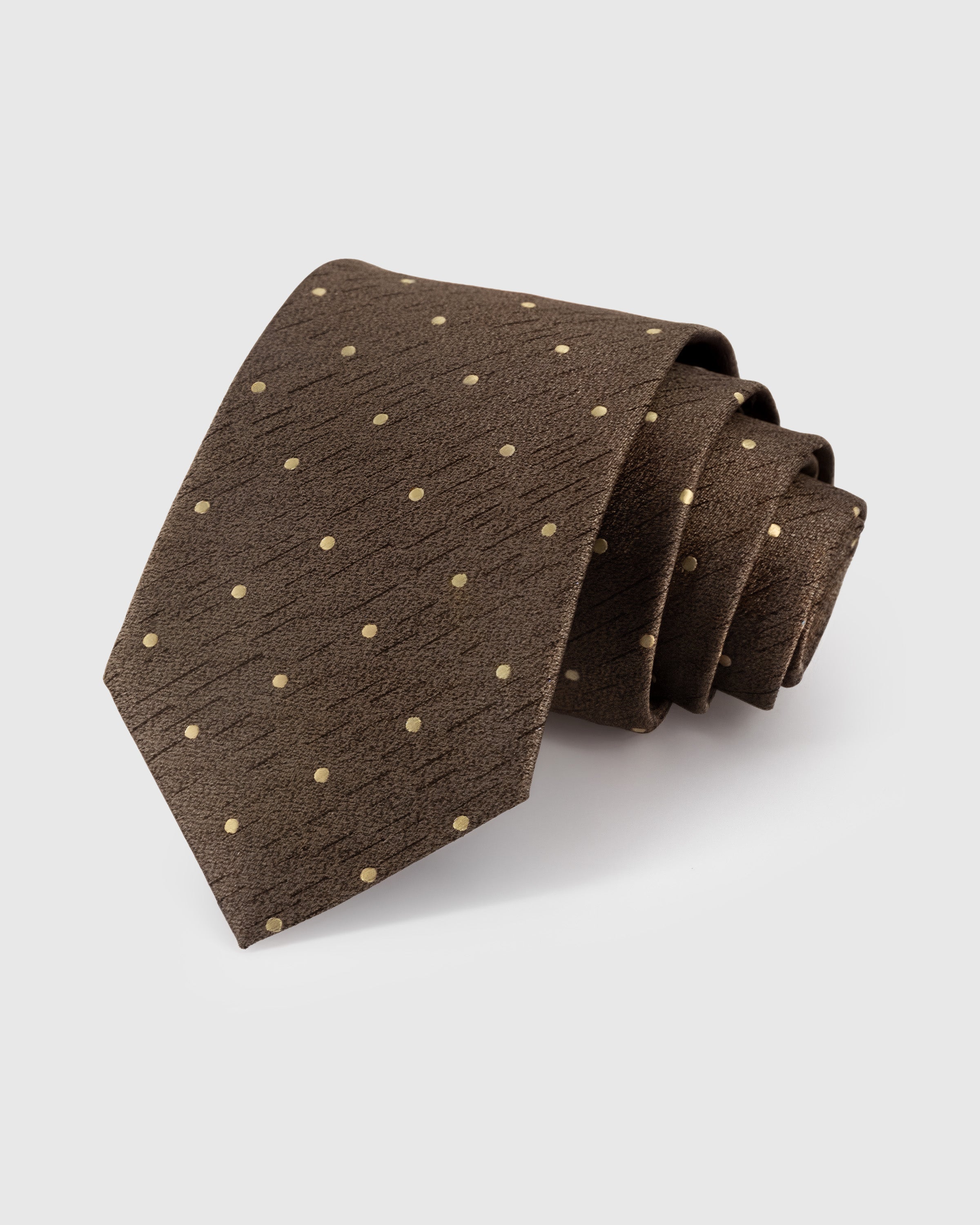 STICKYZOO Truffle Gold Dot Tie in hand-embroidered mulberry silk with gold pin dots on textured truffle ground, 45° bias-cut