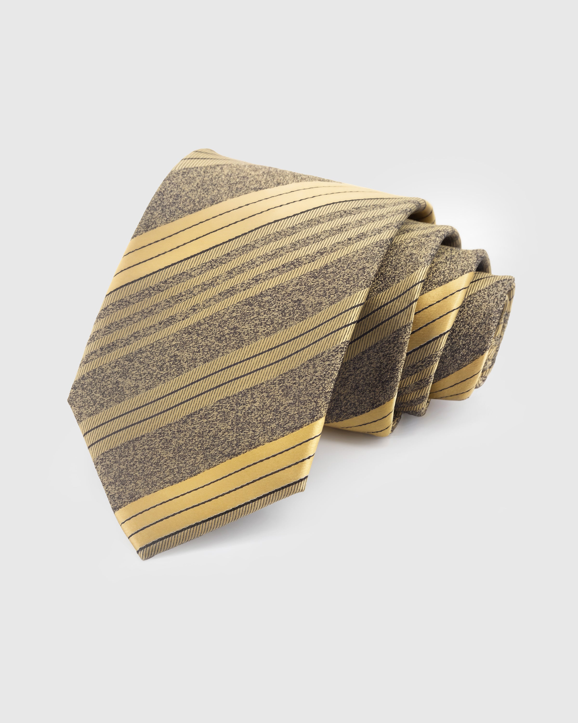 STICKYZOO Saffron Stripe Tie in hand-embroidered mulberry silk with taupe textured stripes on gold herringbone ground, 45° bias-cut