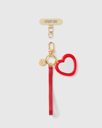 Handmade French Alran crimson red leather phone strap with glossy red heart-shaped pocket mirror and 18K gold STICKYZOO hardware