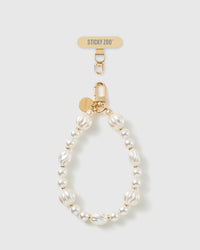 STICKYZOO handmade ivory pearl-style beaded phone strap with gold hook and Phone Strap Card tab