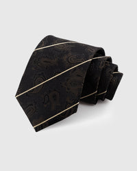 STICKYZOO NOIR PAISLEY GILT TIE — 100% mulberry silk with hand-embroidered tonal dark paisley with fine gold stripe accents on deep black ground