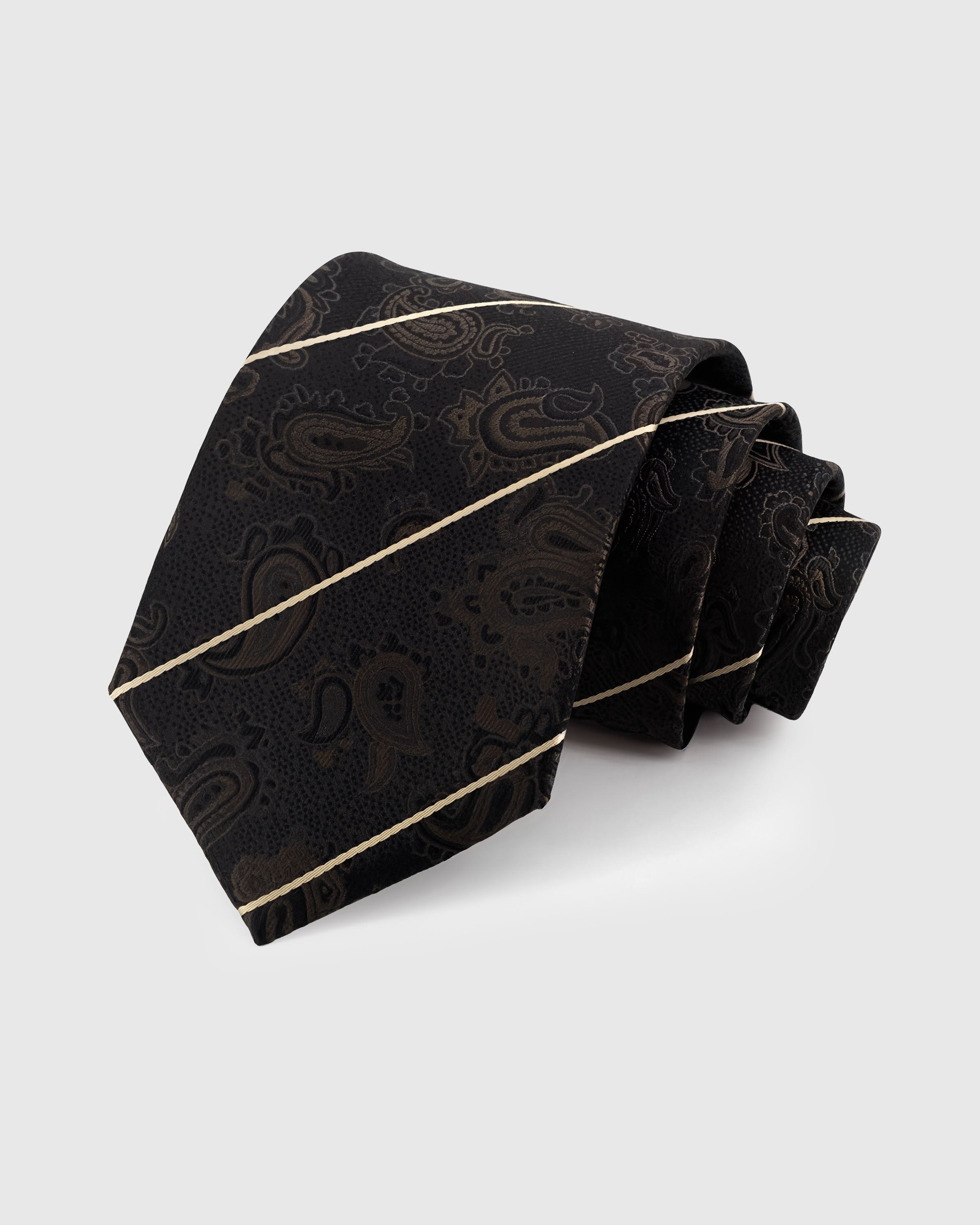 STICKYZOO NOIR PAISLEY GILT TIE — 100% mulberry silk with hand-embroidered tonal dark paisley with fine gold stripe accents on deep black ground