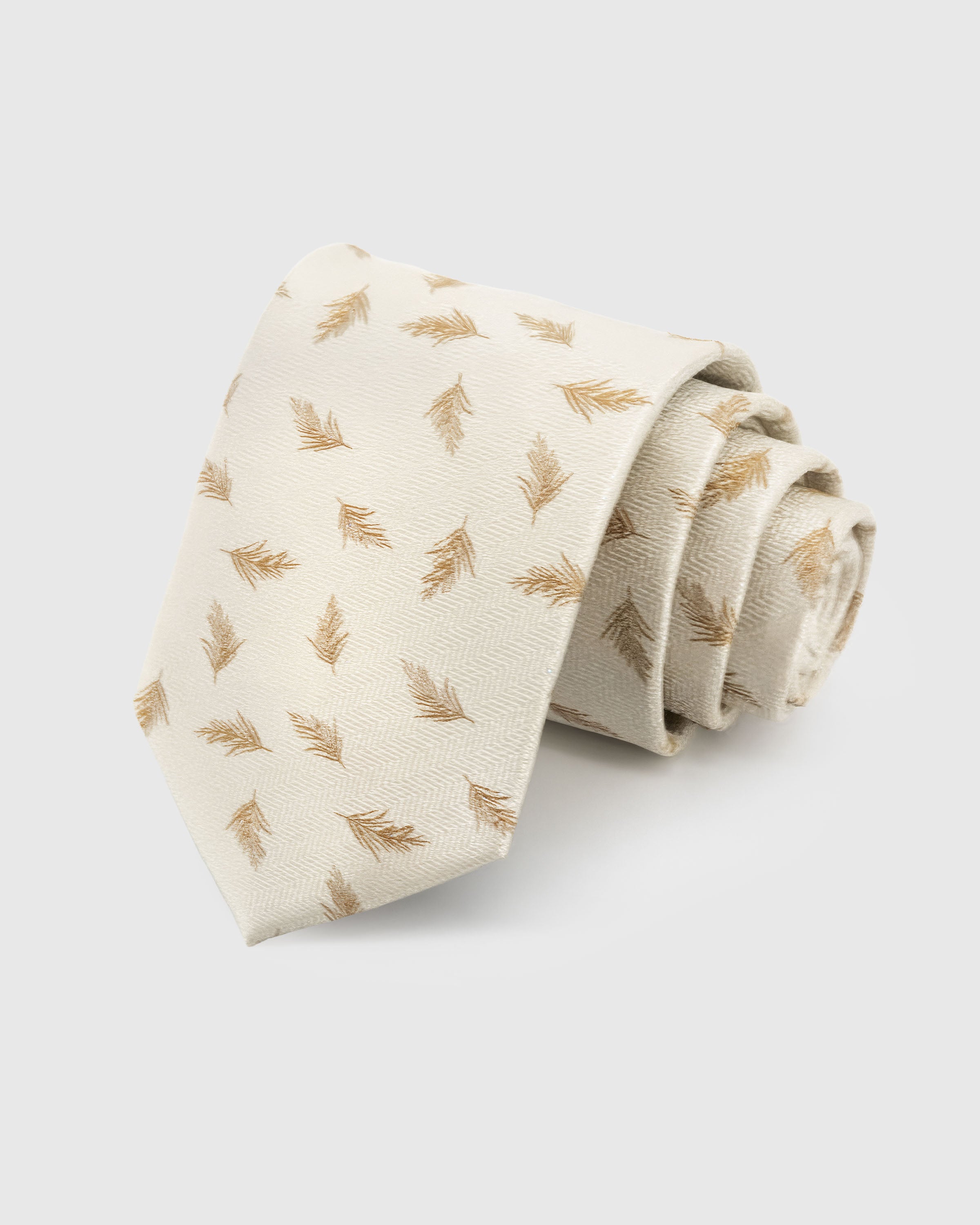 STICKYZOO Ivory Feather Tie — hand-embroidered ivory / gold mulberry silk with scattered feather pattern