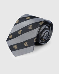 100% mulberry silk STICKYZOO Mono Teddy Stripe Tie in grey and navy stripe with embroidered teddy bear motifs, rolled