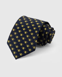 STICKYZOO Midnight Bee Tie in hand-embroidered mulberry silk with gold bee motifs on midnight ground, 45° bias-cut Italian method
