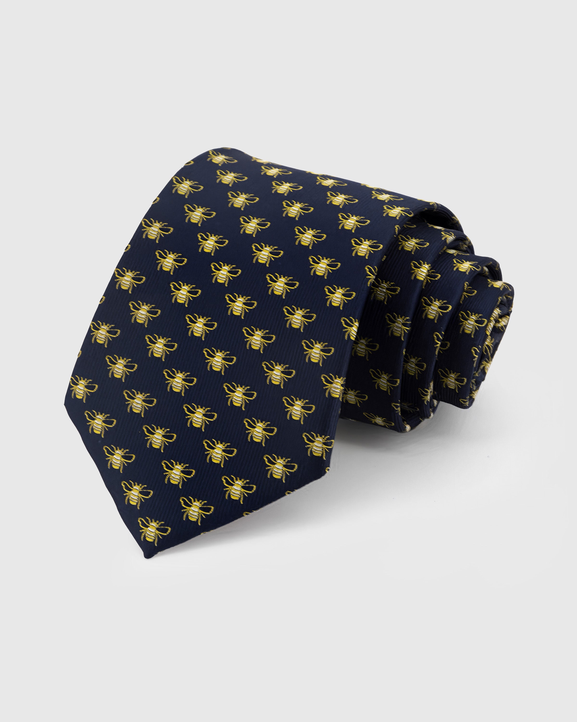 STICKYZOO Midnight Bee Tie in hand-embroidered mulberry silk with gold bee motifs on midnight ground, 45° bias-cut Italian method