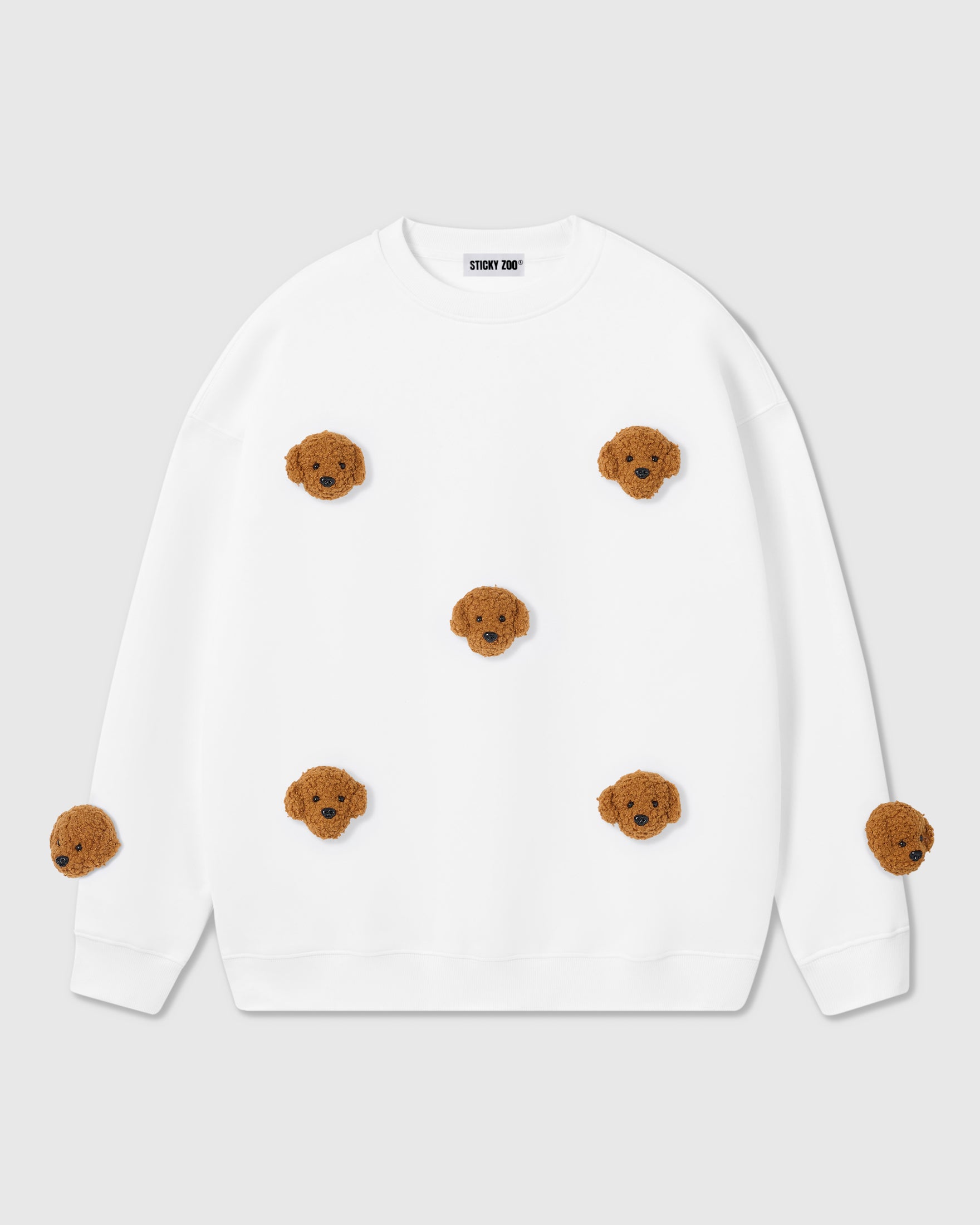 {{Unisex — S to XXL}} STICKYZOO Poodle Parade Sweatshirt in white colorway with plush poodle appliques
