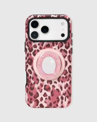 Rose leopard print phone case with a pearlescent mirror pop-grip and built-in MagSafe stand by STICKYZOO