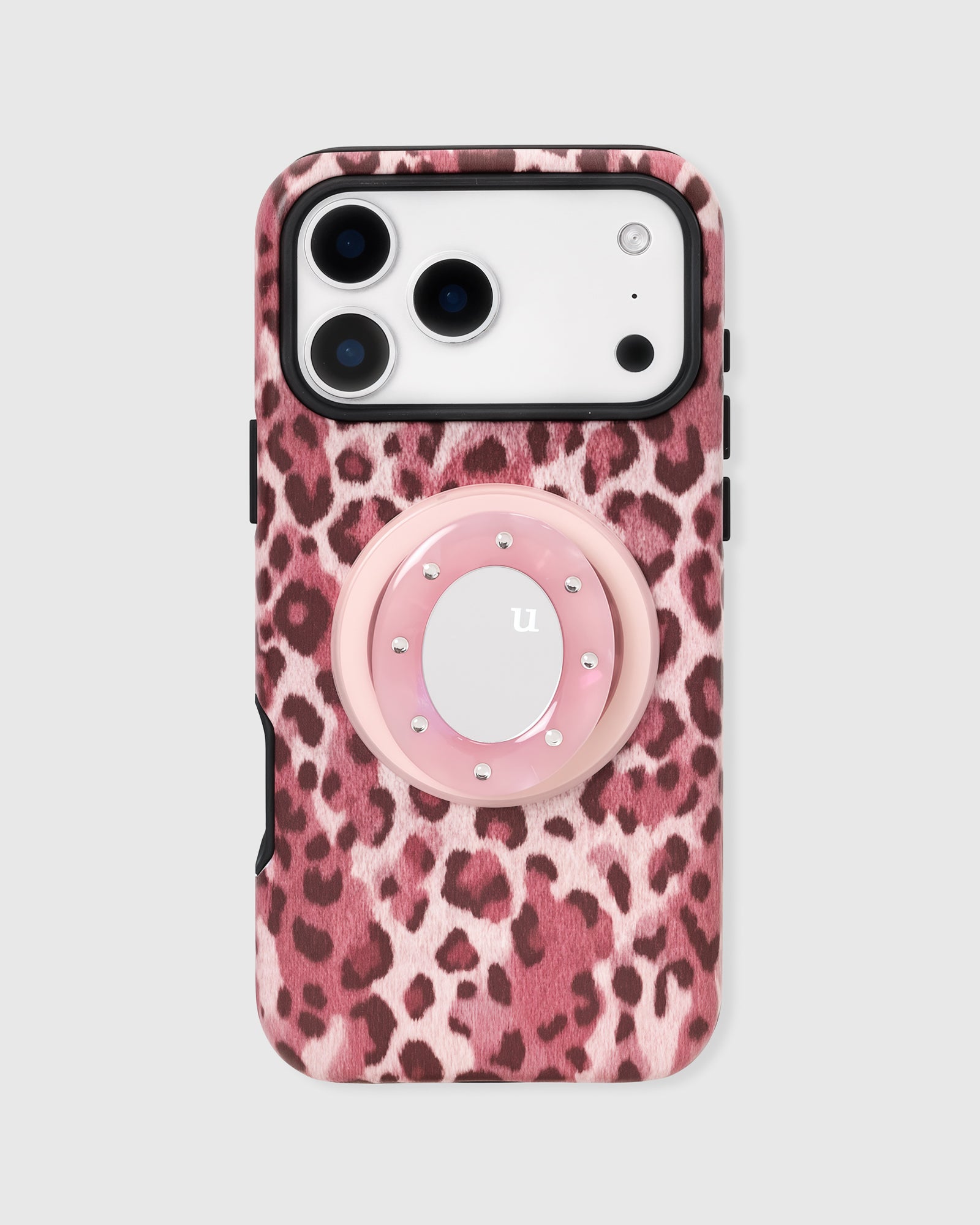 Rose leopard print phone case with a pearlescent mirror pop-grip and built-in MagSafe stand by STICKYZOO
