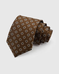 STICKYZOO Chestnut Foulard Tie in hand-embroidered houndstooth mulberry silk with cream foulard medallions, 45° bias-cut Italian method