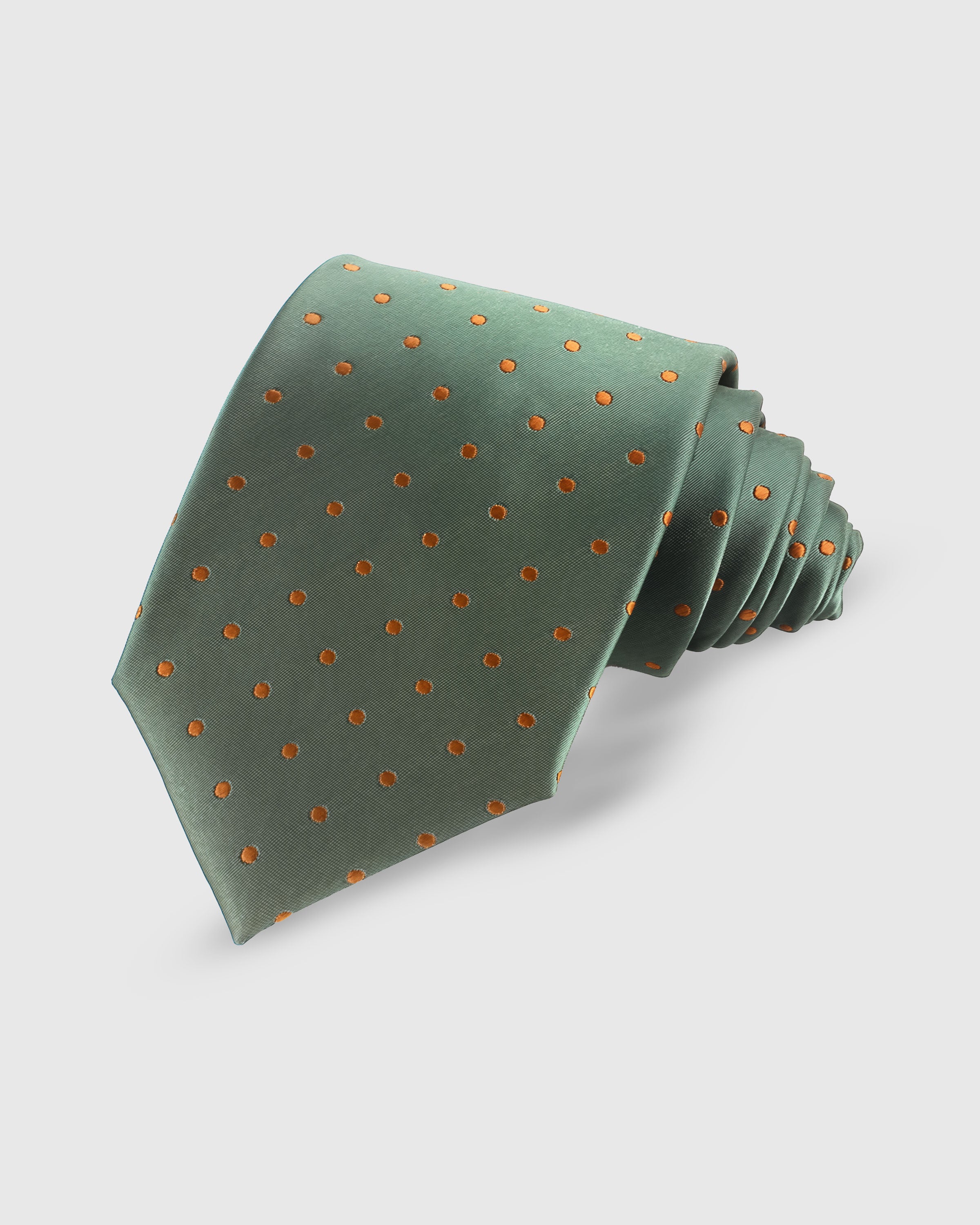 {100% mulberry silk weave} STICKYZOO SAGE TANGERINE DOT TIE in hand-embroidered mulberry silk with square dot motif, 45° bias-cut Italian method