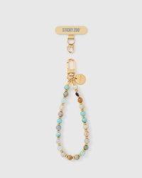 Amazonite stone bead phone strap with gold-plated engraved hardware by STICKYZOO