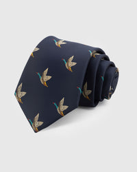 {100% mulberry silk herringbone weave} STICKYZOO MIDNIGHT MALLARD TIE in hand-embroidered mulberry silk with mallard duck motif, 45° bias-cut Italian method