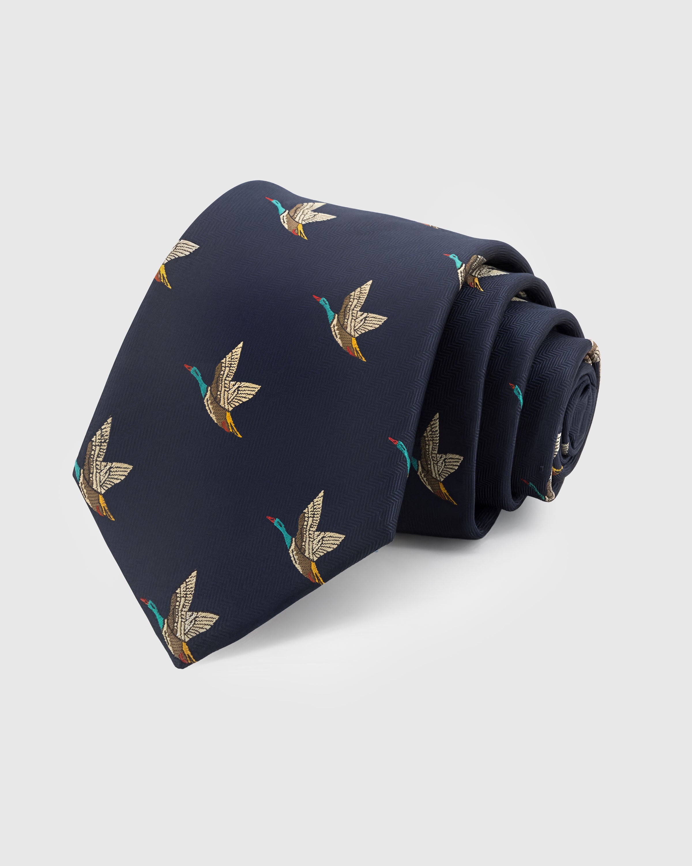 {100% mulberry silk herringbone weave} STICKYZOO MIDNIGHT MALLARD TIE in hand-embroidered mulberry silk with mallard duck motif, 45° bias-cut Italian method