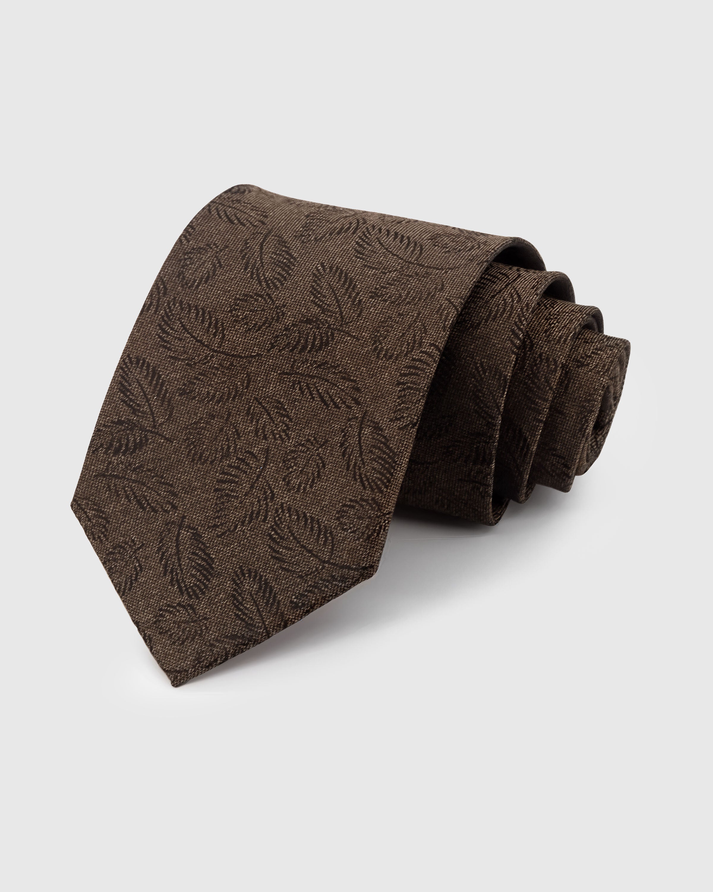 {100% mulberry silk weave} STICKYZOO CHESTNUT BOTANICAL TIE in hand-embroidered mulberry silk with botanical motif, 45° bias-cut Italian method