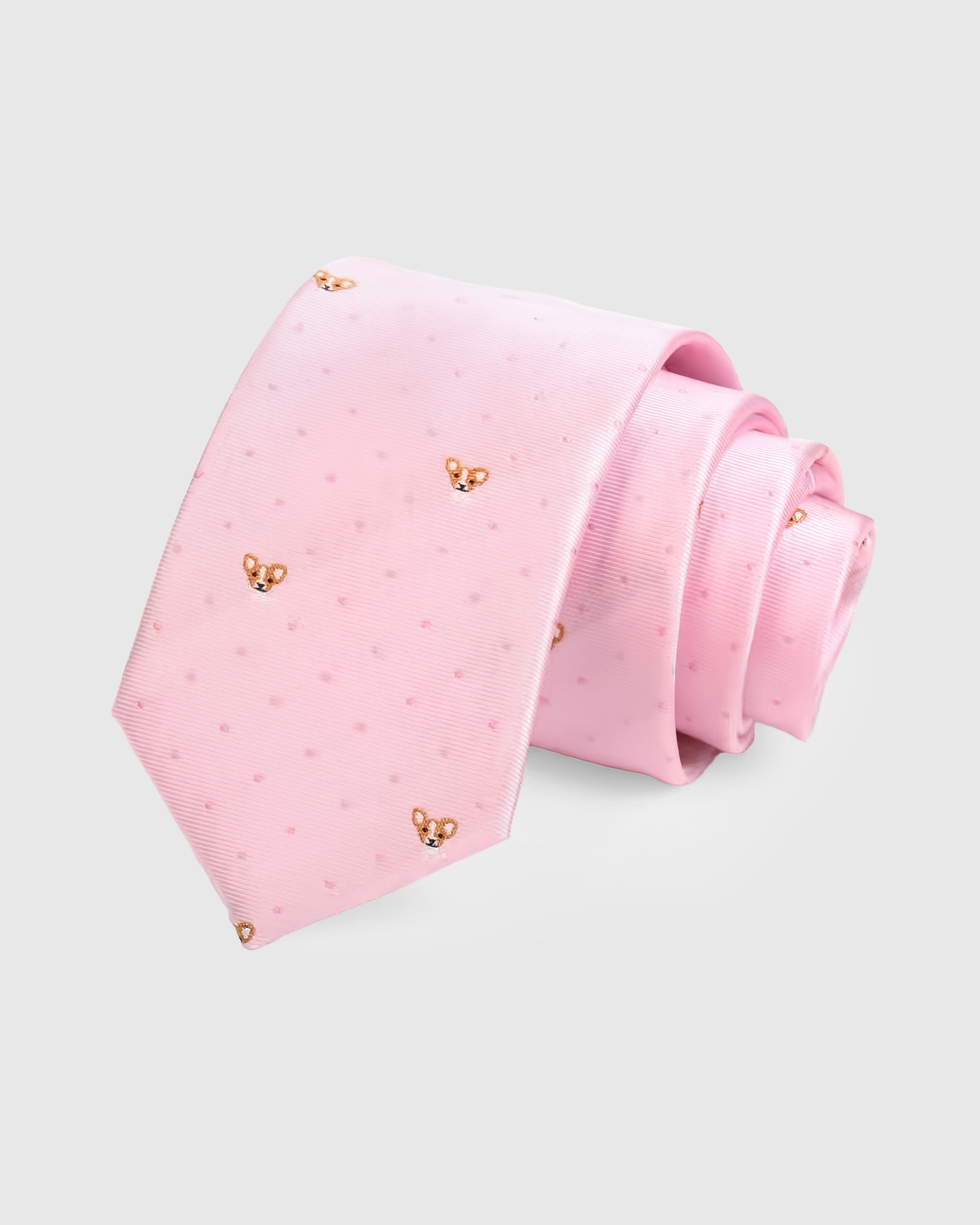 {100% mulberry silk weave} STICKYZOO ROSEBUD CORGI TIE in hand-embroidered mulberry silk with corgi motif, 45° bias-cut Italian method